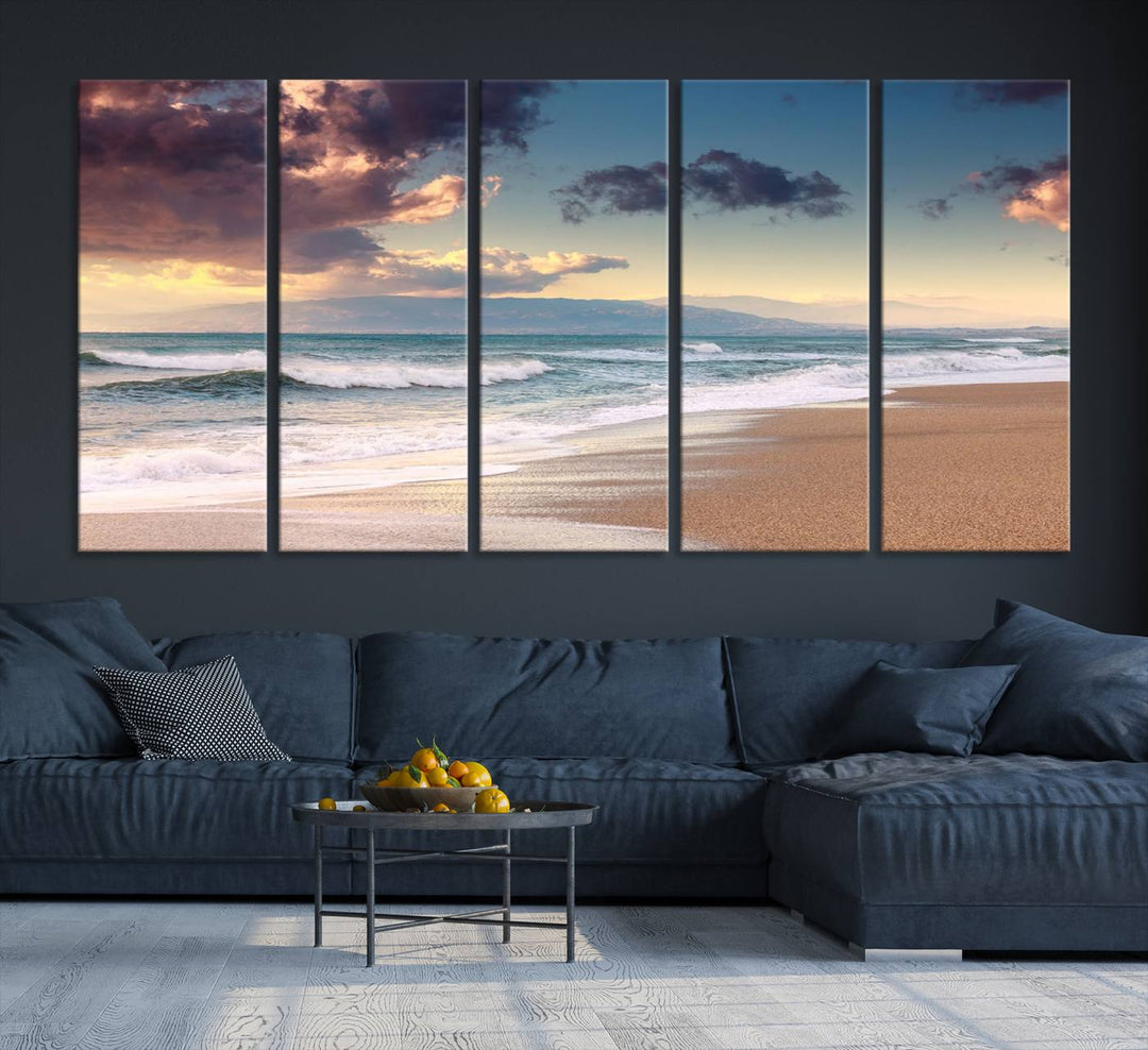 The dining area is enhanced with the Cloudy Weather Beach Sunset Canvas Print.