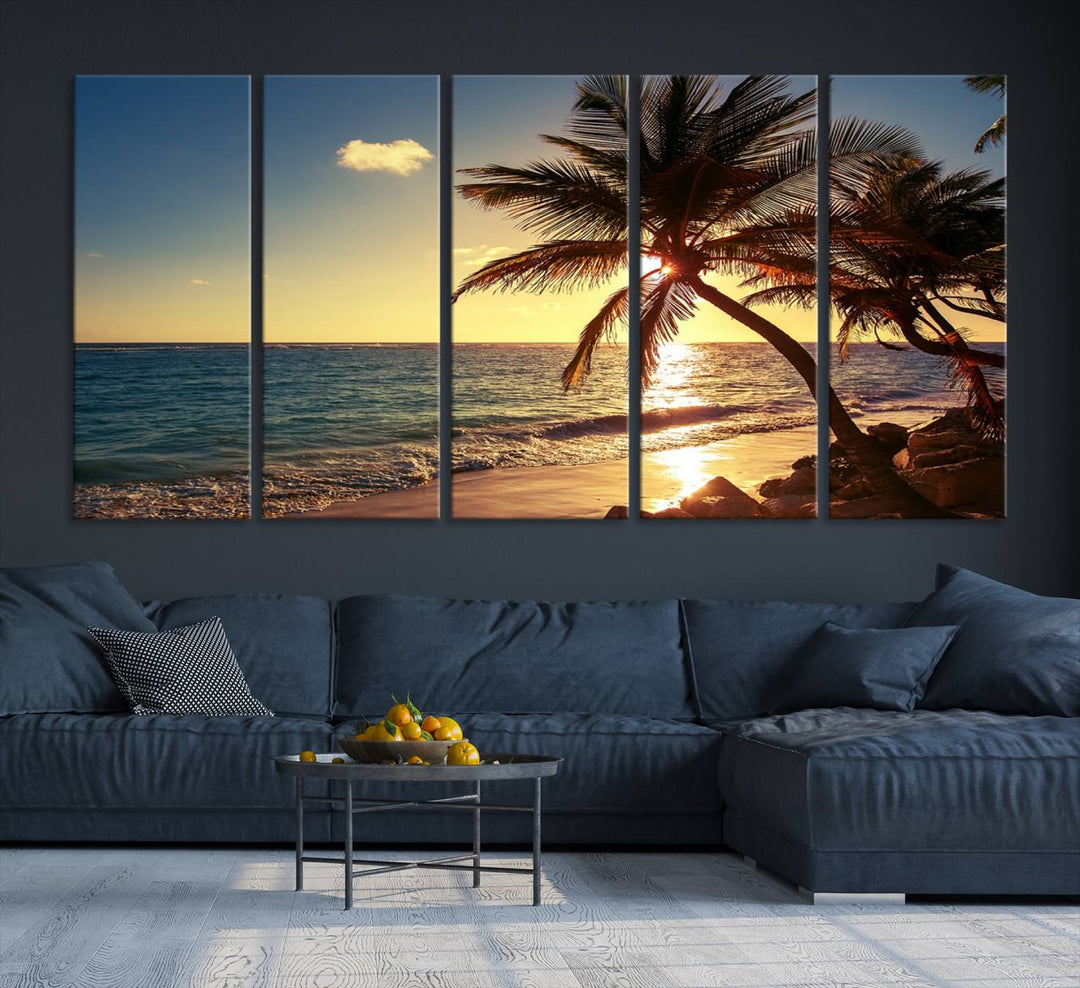 Sunset Palm Trees Wall Art Canvas Print: a serene beach scene on museum-quality canvas.