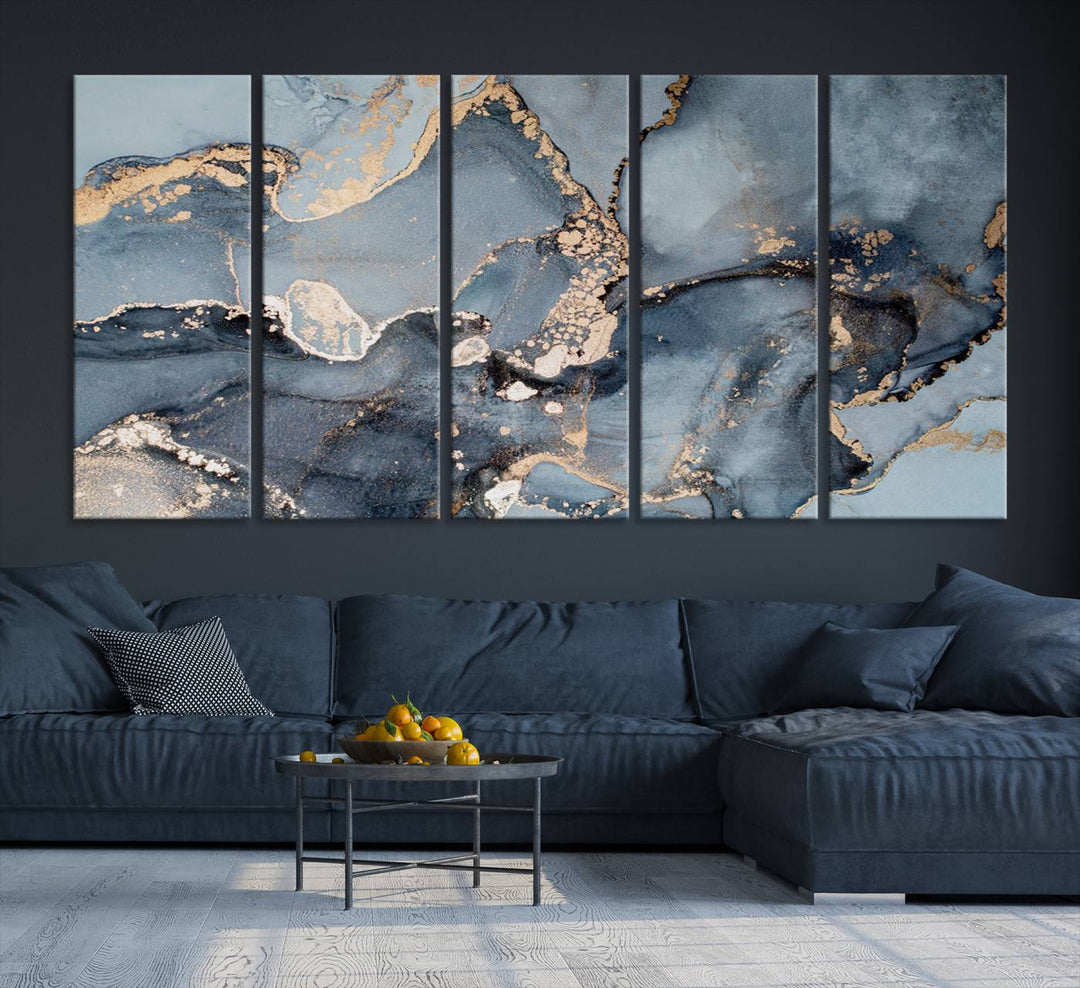 A Multipanel Marble Fluid Effect Canvas Print hangs prominently on the wall.