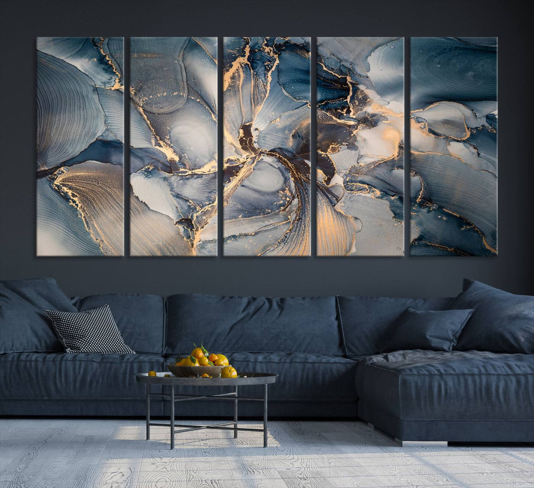 Abstract wall art canvas print is displayed prominently, adding a modern touch to the decor.