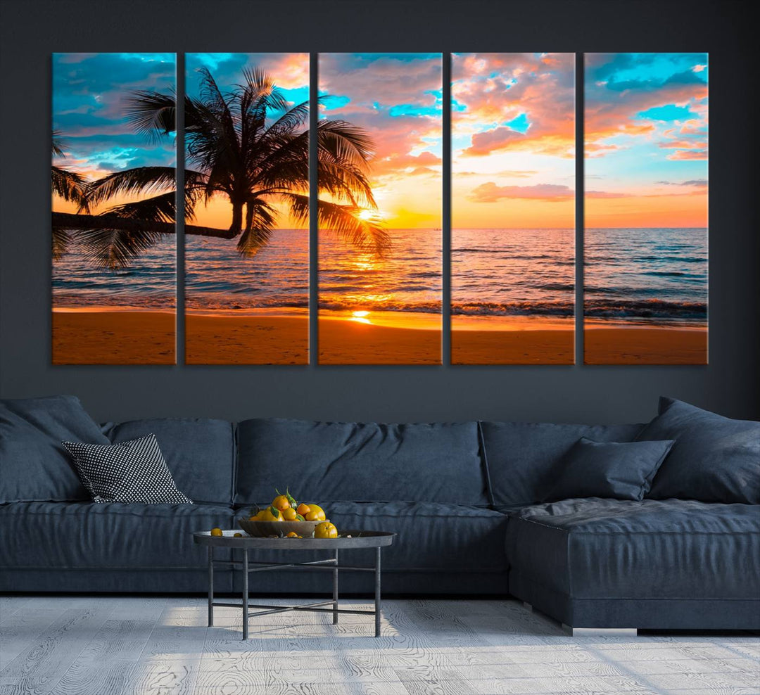 The Palm Tree Sunset On The Beach ready-to-hang canvas wall art—museum quality—brings a serene atmosphere to the room.