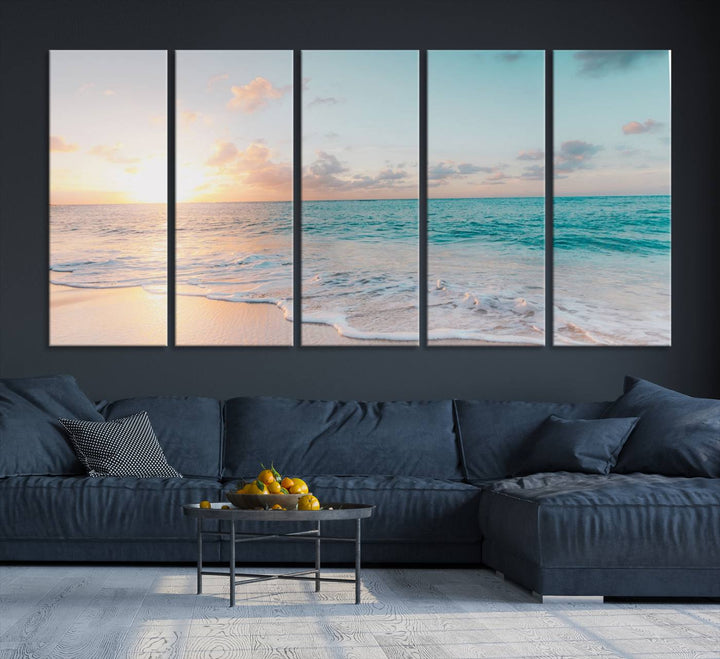 The room features a 3-panel Tranquil Ocean Beach Sunset Canvas Wall Art.