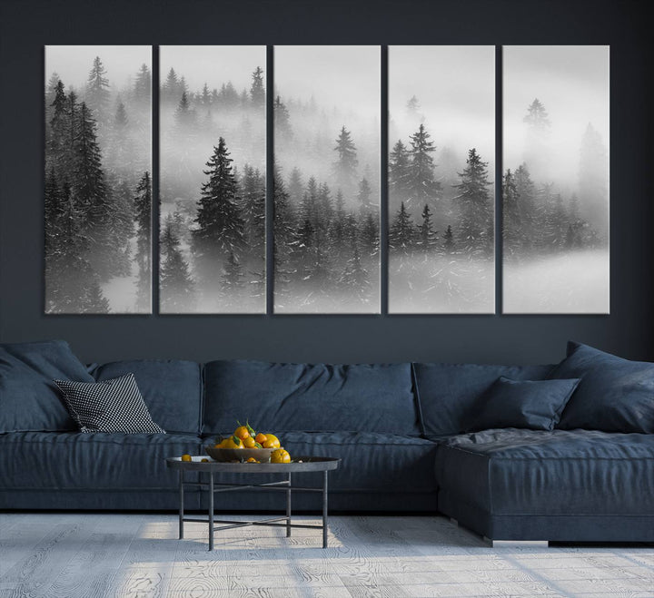 A stunning Foggy Misty Forest Canvas Wall Art adorns the kitchen wall.