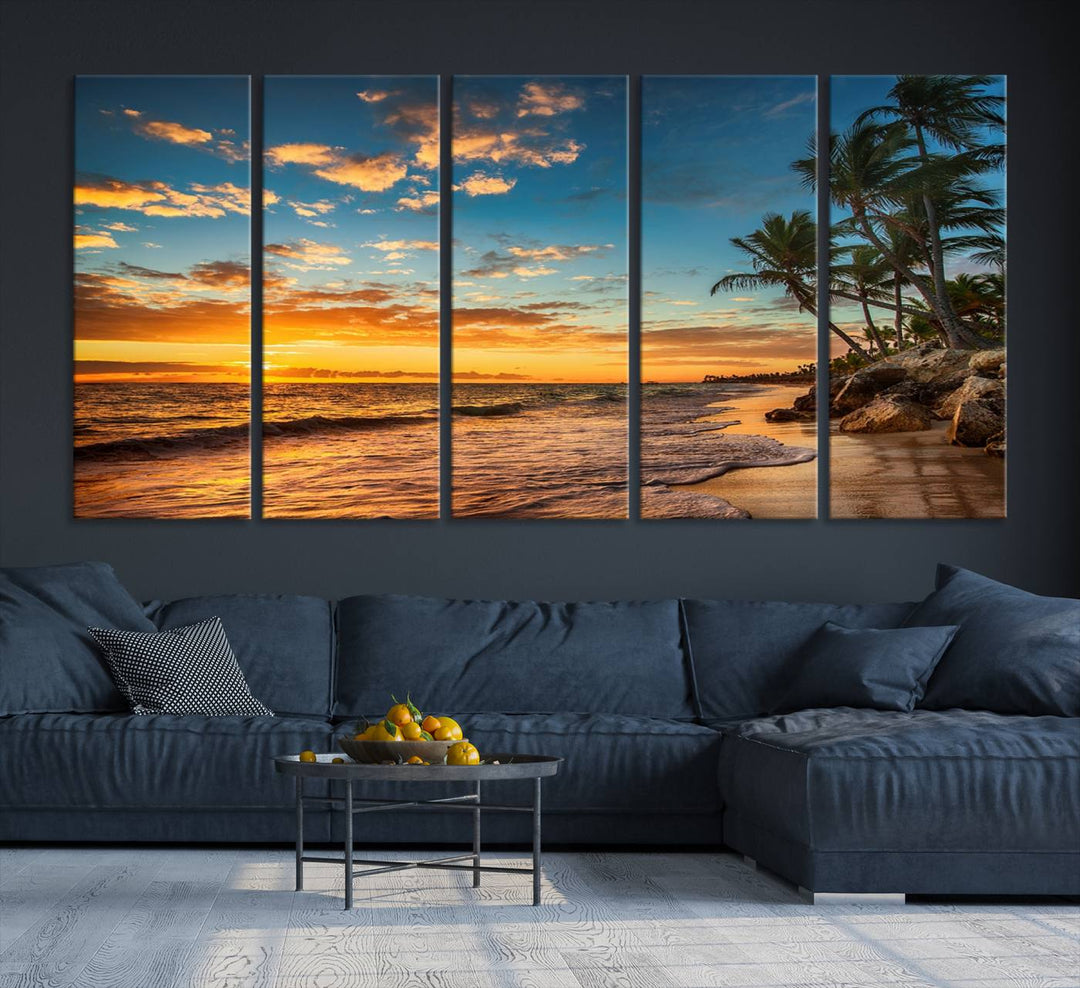 A stunning beach sunset on a museum-quality Sunset Wall Art Canvas Print adorns the kitchen wall.