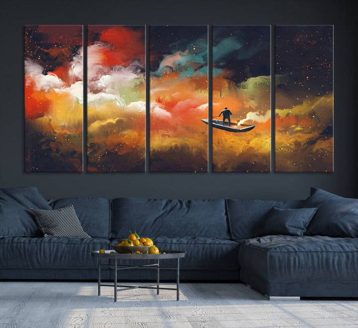 Surreal Space Adventure Canvas Wall Art features a person in a boat.