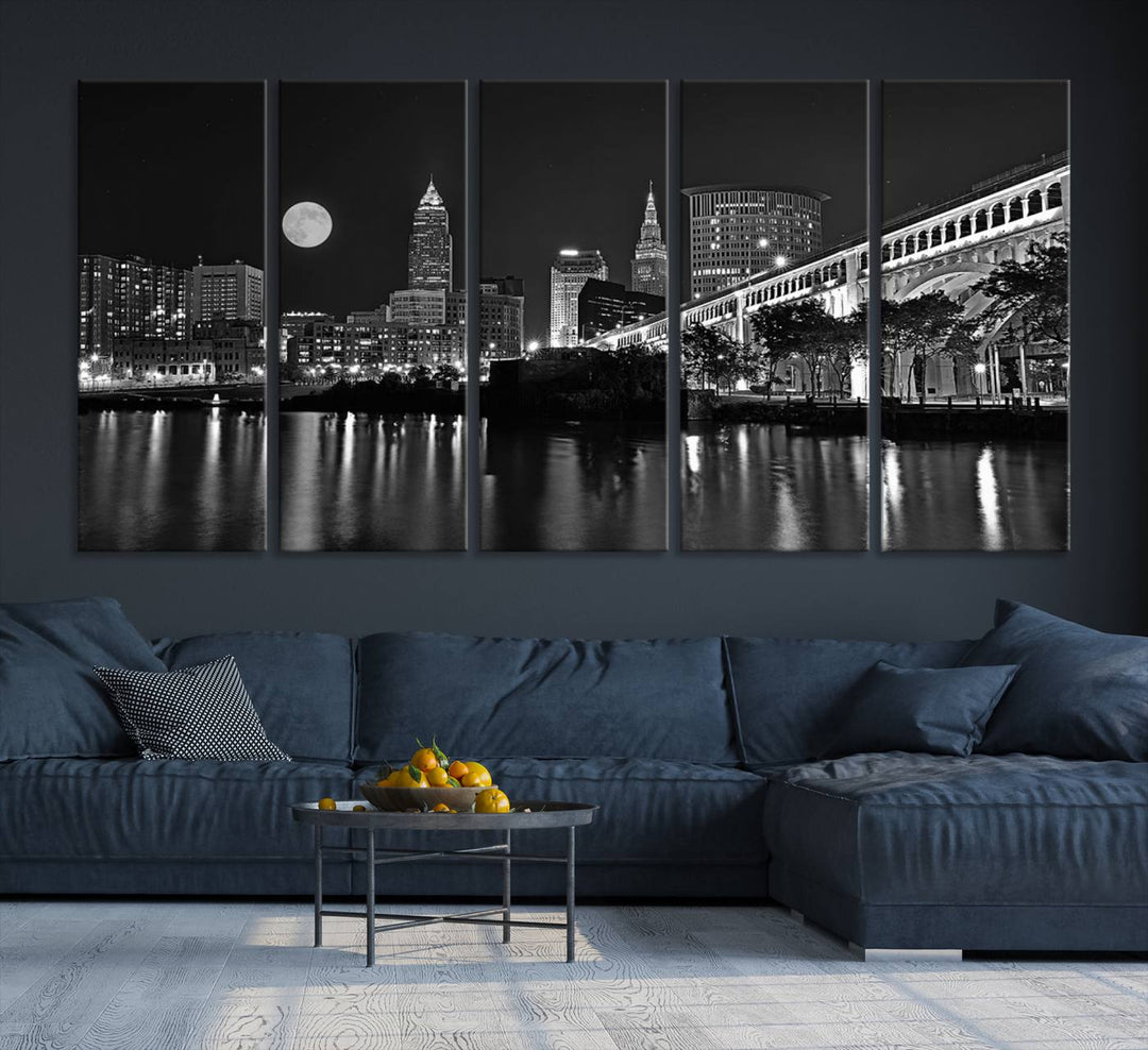 Cleveland Night Skyline Canvas Print: A museum-quality piece, ready to hang, featuring a stunning full moon and its reflections below.