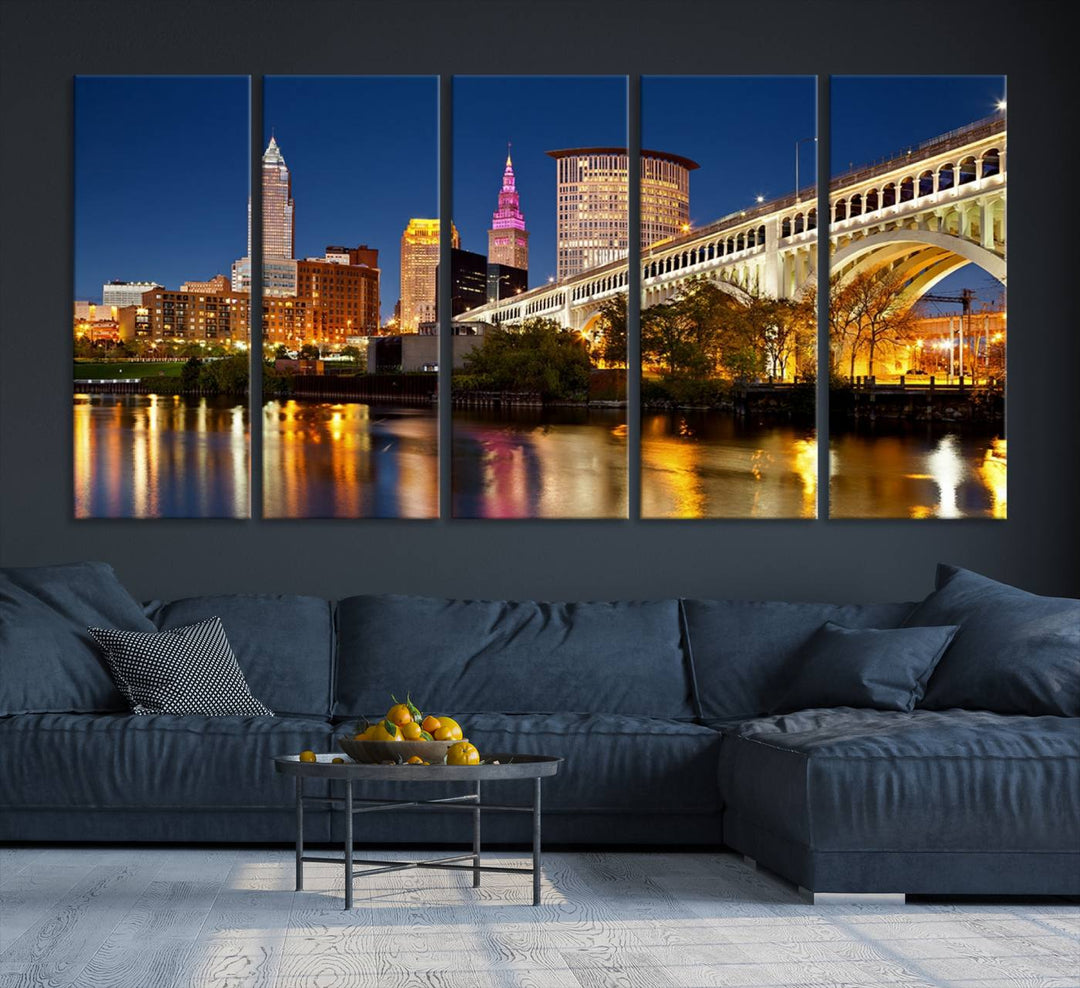 The Cleveland City Lights Canvas showcases a lit-up bridge and cityscape at night.