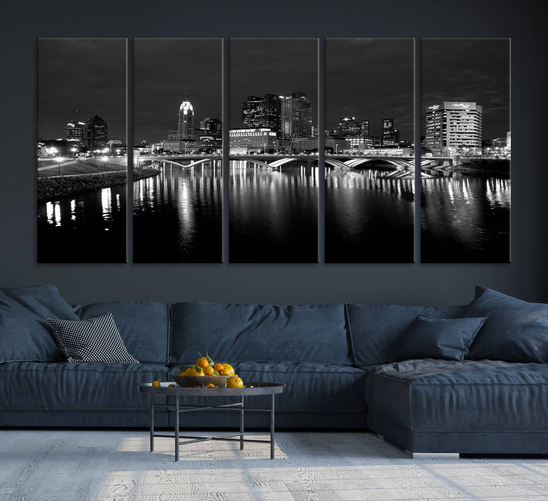 Columbus City Lights Skyline canvas print in black and white, featuring museum-quality craftsmanship and free shipping.