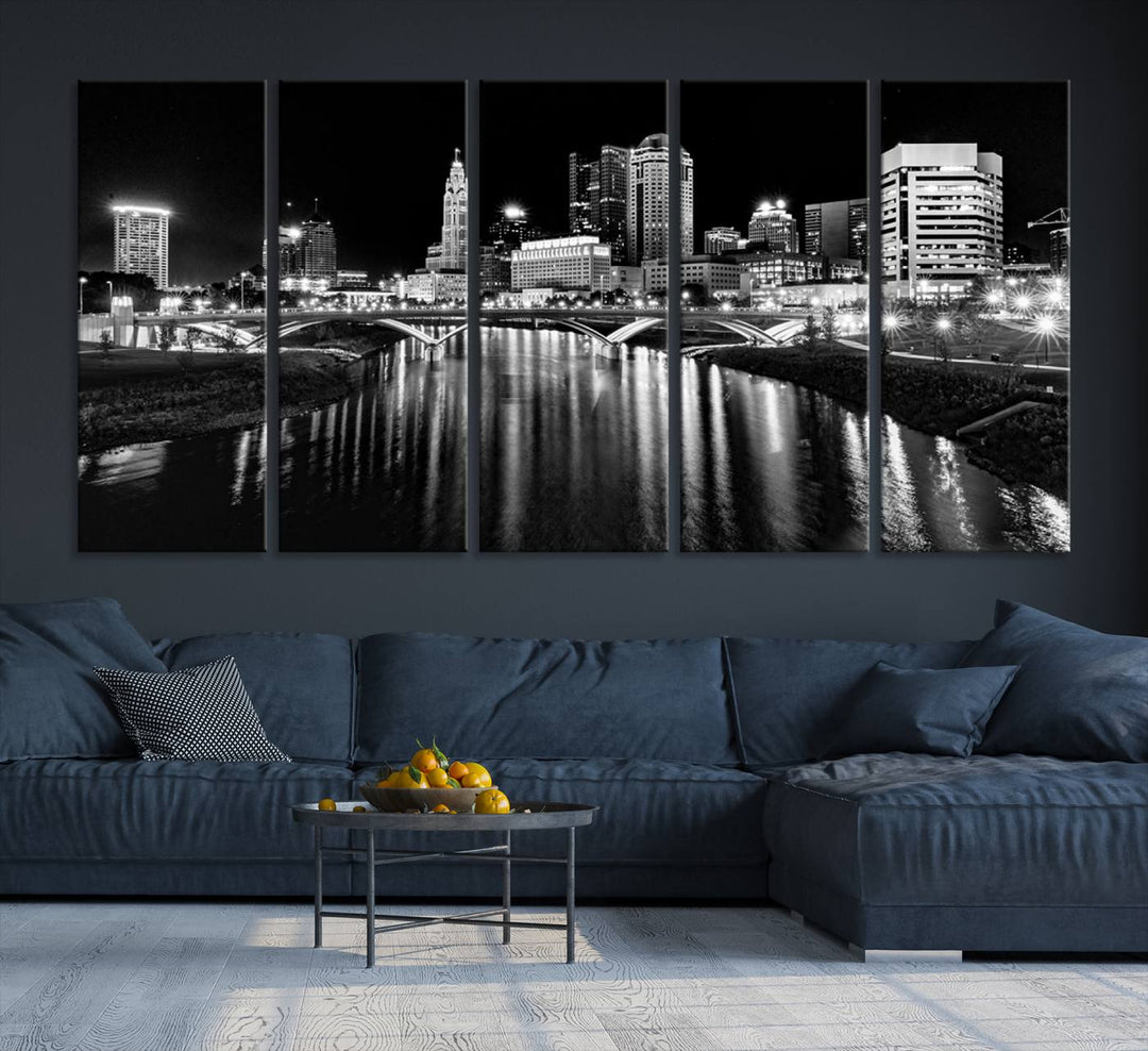 Columbus City Lights Skyline Black and White Canvas with UV coating.