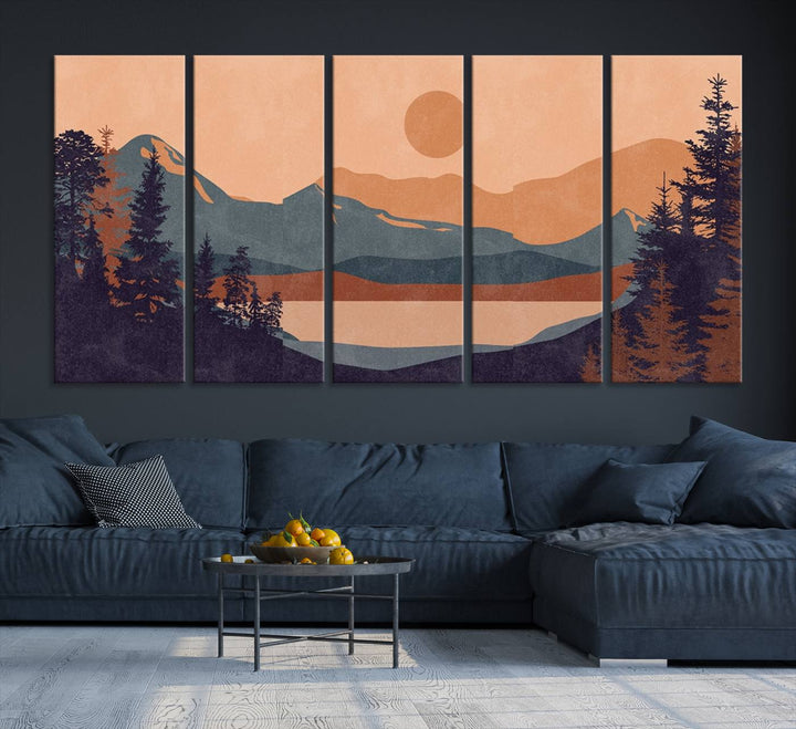 The Modern Boho Sunset Triptych displays a mountain sunset.