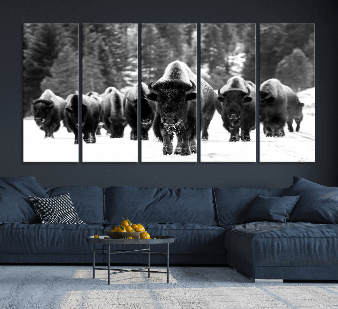 MGV-CV-60X31-5P - Bison Herd in Snow Wall Art Canvas Print | Rustic Western Bison Wall Art for Decor for Living Room, Office, and Farmhouse Decor | Framed Large Bison Giclee Canvas Print