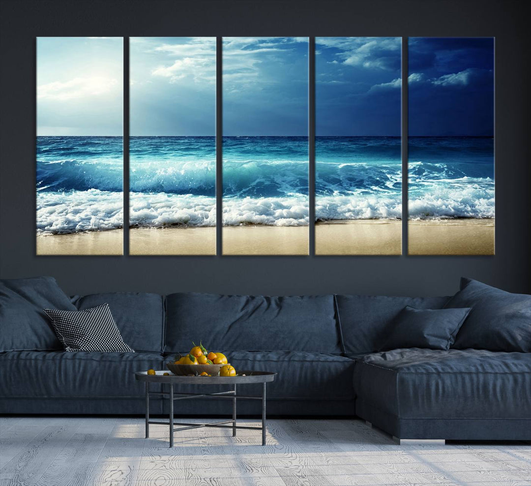 The Majestic Ocean Wave Wall Art Canvas, a 3-panel seascape print, is featured prominently.