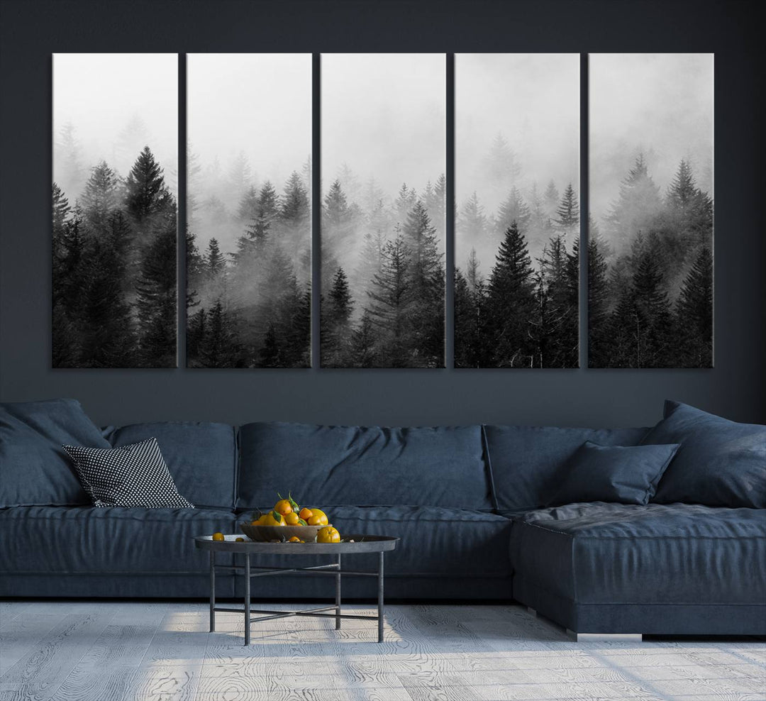 Black and white canvas art depicts a misty pine forest, offering a dense landscape that appeals to nature and woodland art lovers.