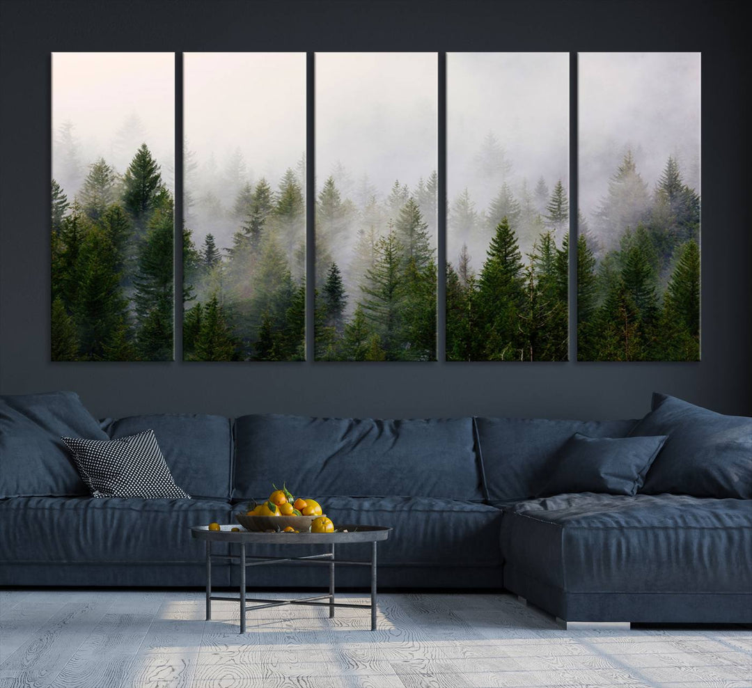 A serene, foggy evergreen forest creates a mysterious atmosphere, ideal for premium canvas wall art.