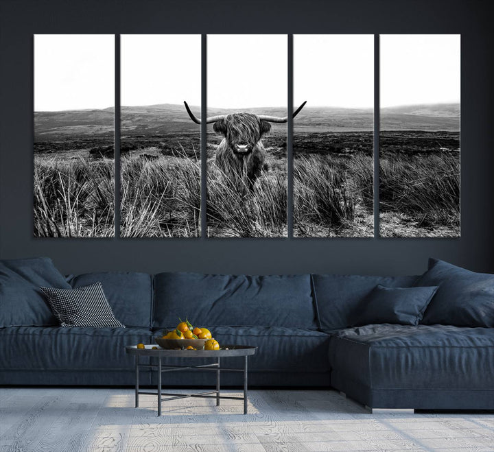 Dining room featuring a Black and White Highland Cow Canvas for a Western-themed decor.