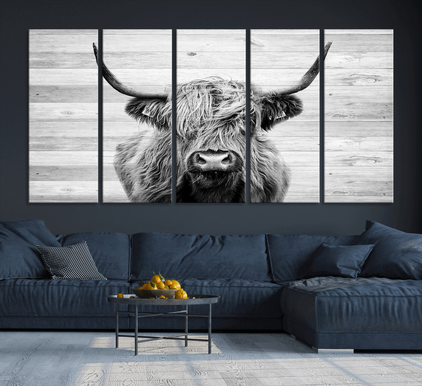 MGV-CV-60X31-5P - Scottish Highland Cow Cattle Art Print on Wood Background Style