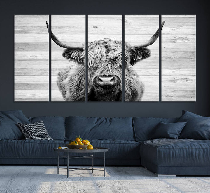 Scottish Highland Cow Cattle Art adds rustic farmhouse charm to the space.