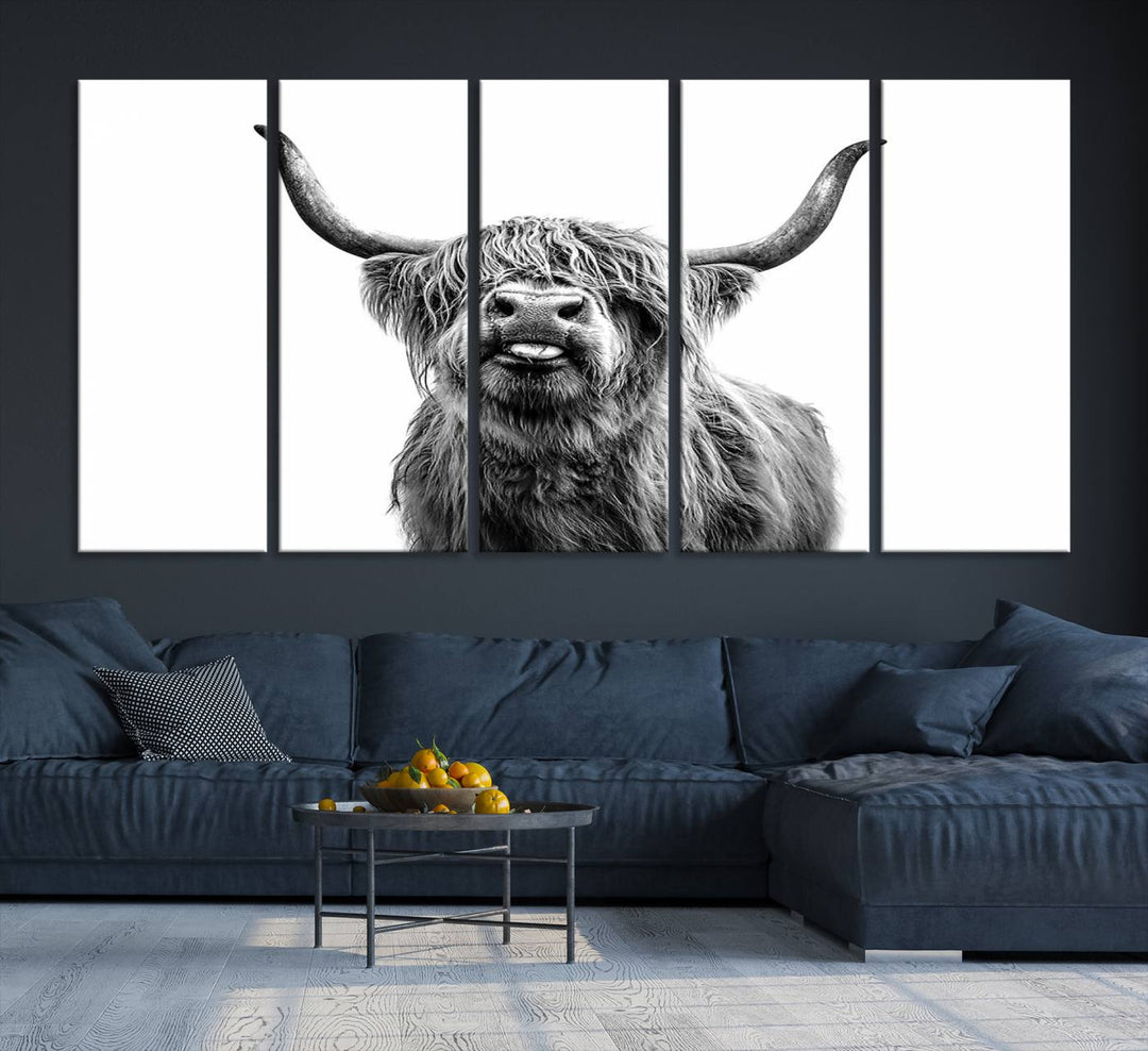 The Fanny Highland Cow art print decorates the modern kitchen, featured in black and white.