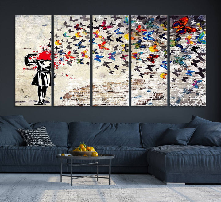 Banksy Art Butterfly Girl Explosion: Vibrant urban graffiti canvas for modern interiors, ready to hang.