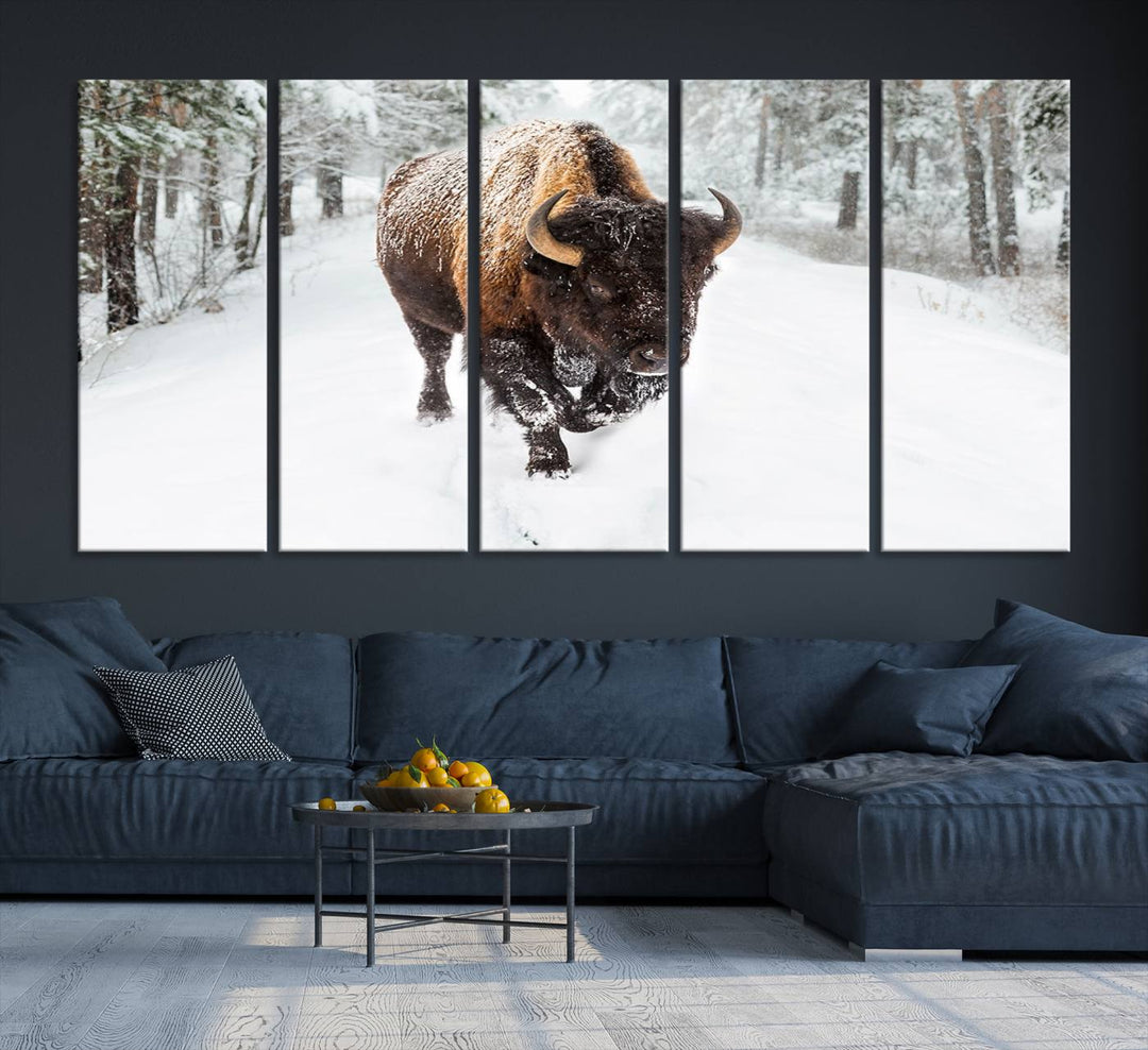 The dining area showcases the Bison Wall Art Canvas Print for Farmhouse.