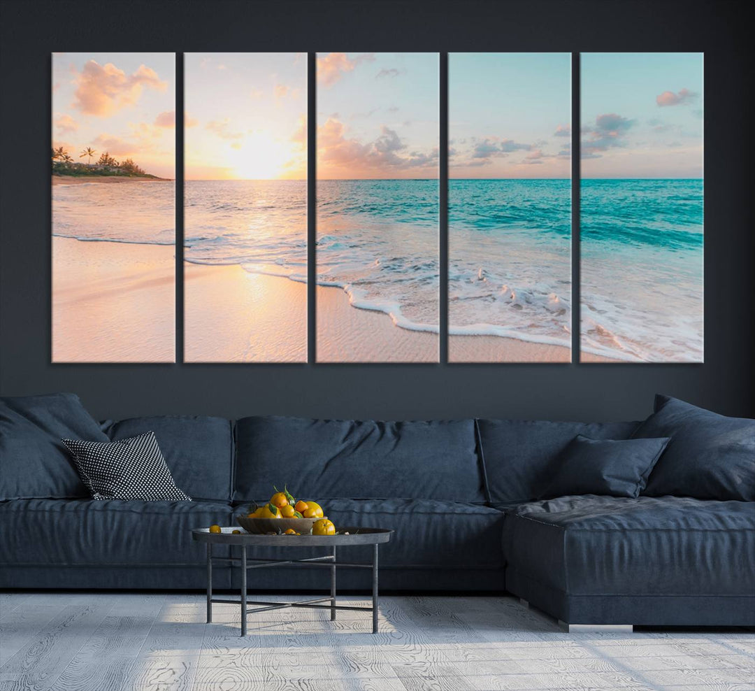 The kitchen features the Beach Sunrise Wall Art, Coastal Sunset Beach Scene.