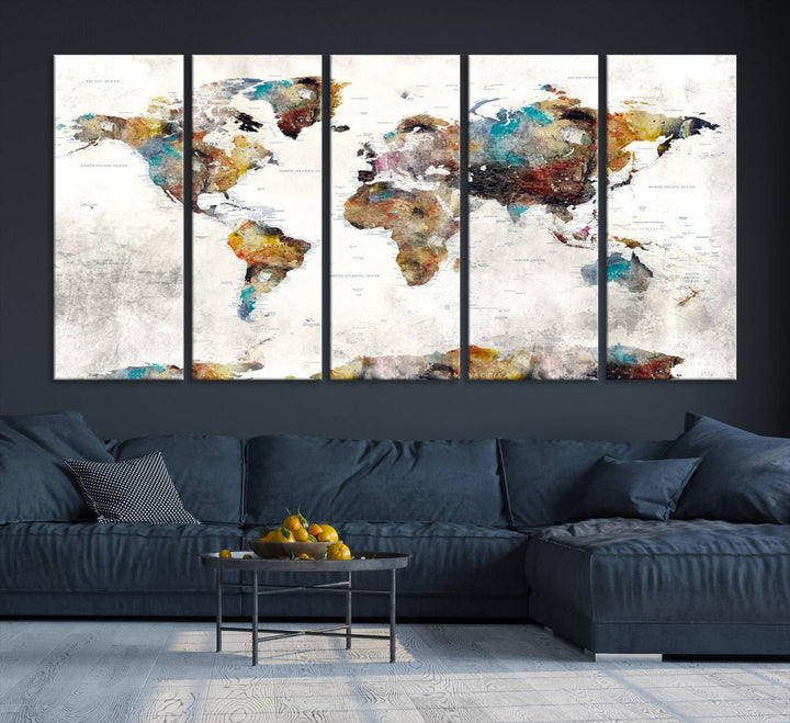 The Colorful World Map Wall Art Canvas Print adds vibrance to the space, ideal for geography lovers.