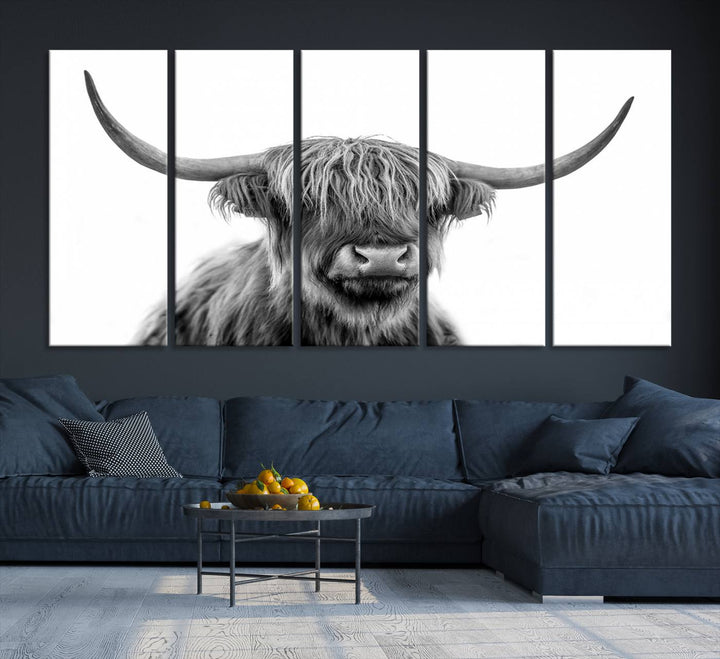 A Scottish Highland Cow Art Canvas adds charm to the farmhouse decor.