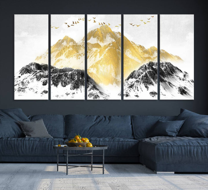 Golden Mountain Triptych Wall Art features gold-tinted mountains and birds.