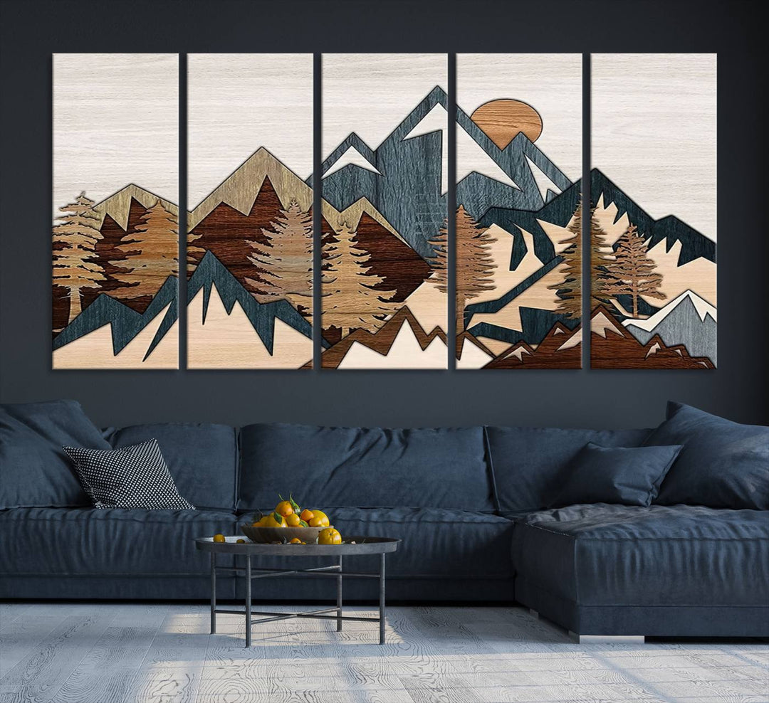 A Woodland Mountain Landscape Triptych serves as the centerpiece of the rustic decor.