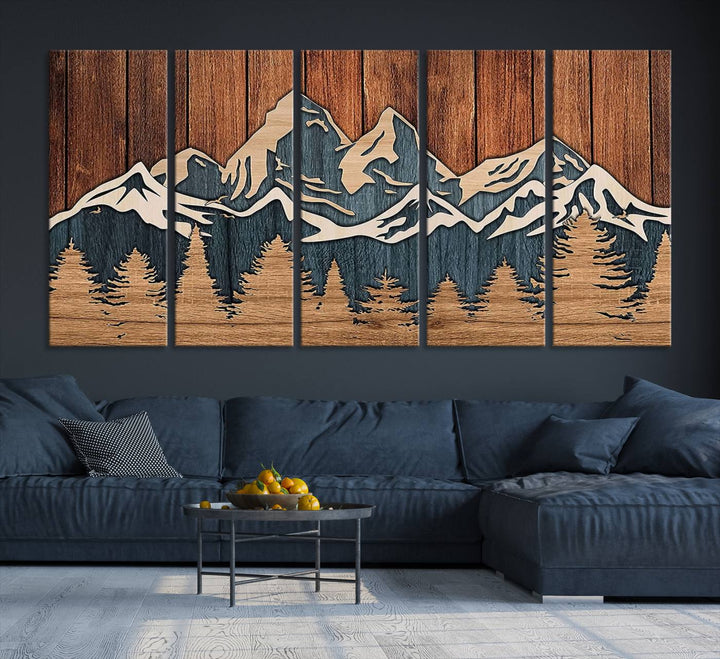 Rustic Wood Style Mountain Wall Art hangs on the wall.