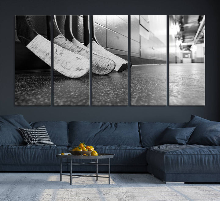 Ice Hockey Wall Art Canvas Print features a UV-protected black and white photo of hockey sticks.