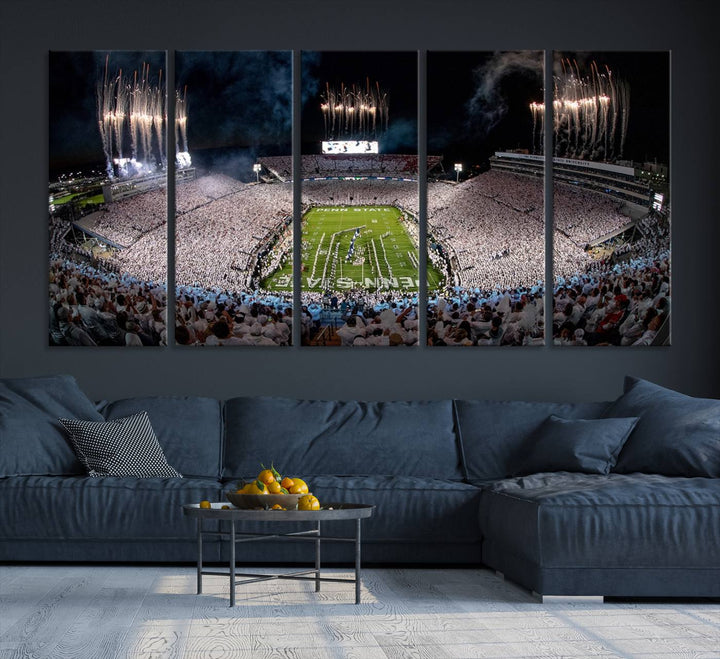 The perfect Penn State Football canvas wall art features a depiction of Beaver Stadium filled with fans in white, with fireworks exploding above.