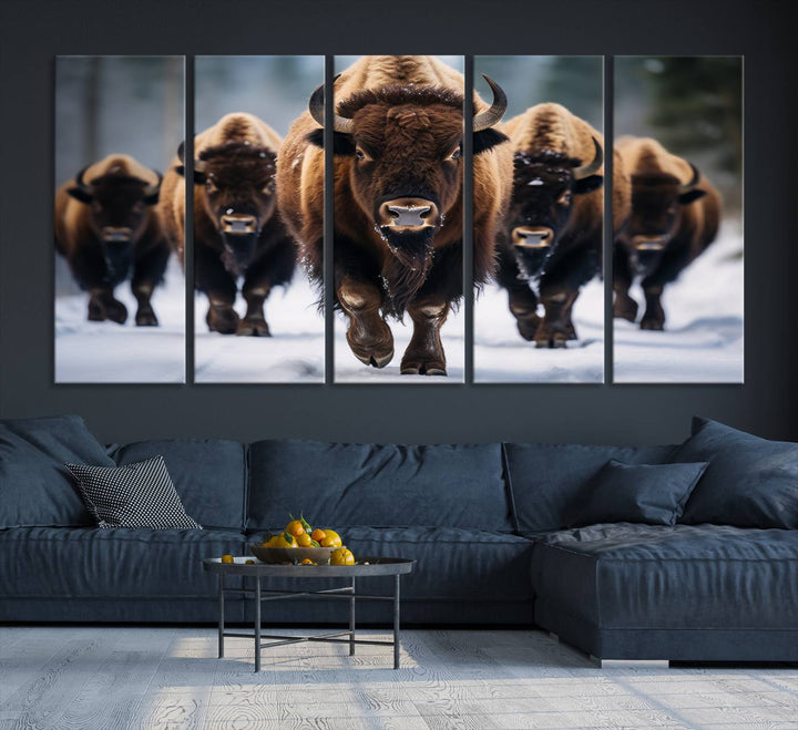 The dining room features an American Bison Herd Canvas Print against the snow.