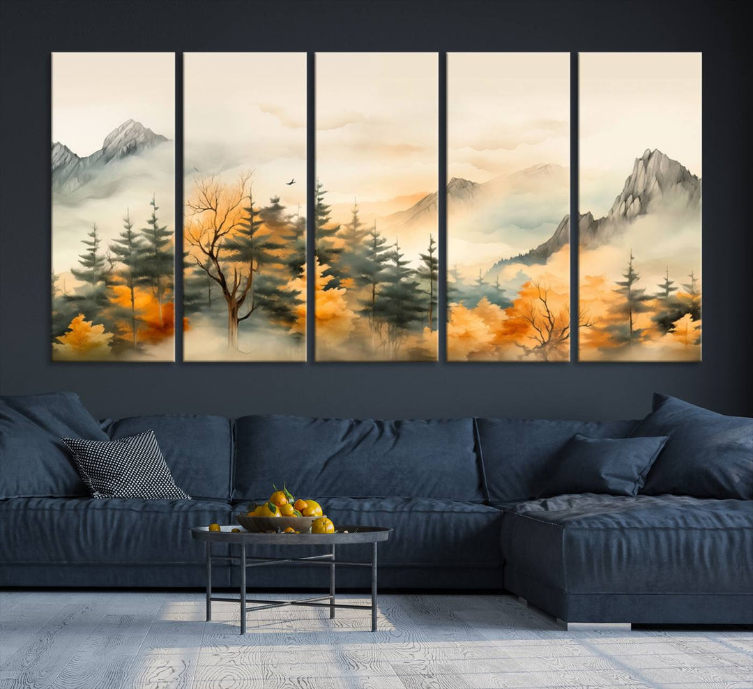 A wall art of Abstract Watercolor Mountains and Trees Autumn on museum-quality canvas.