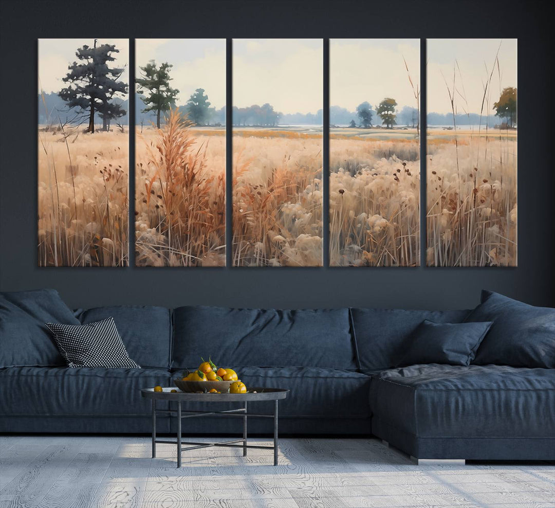 The Golden Fields Canvas Art Print, depicting a serene landscape, adds tranquility with its presence.