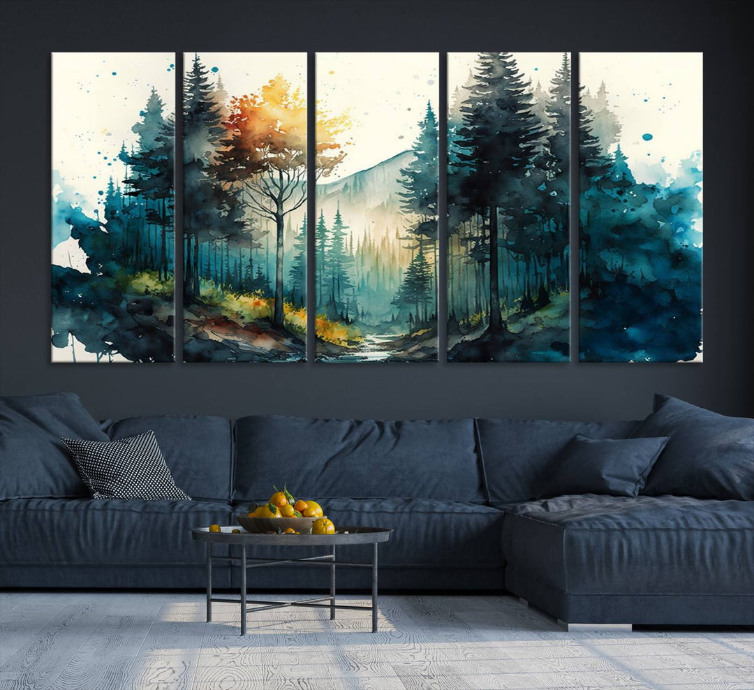 The Watercolor Trees Forest Abstract canvas print is displayed prominently.