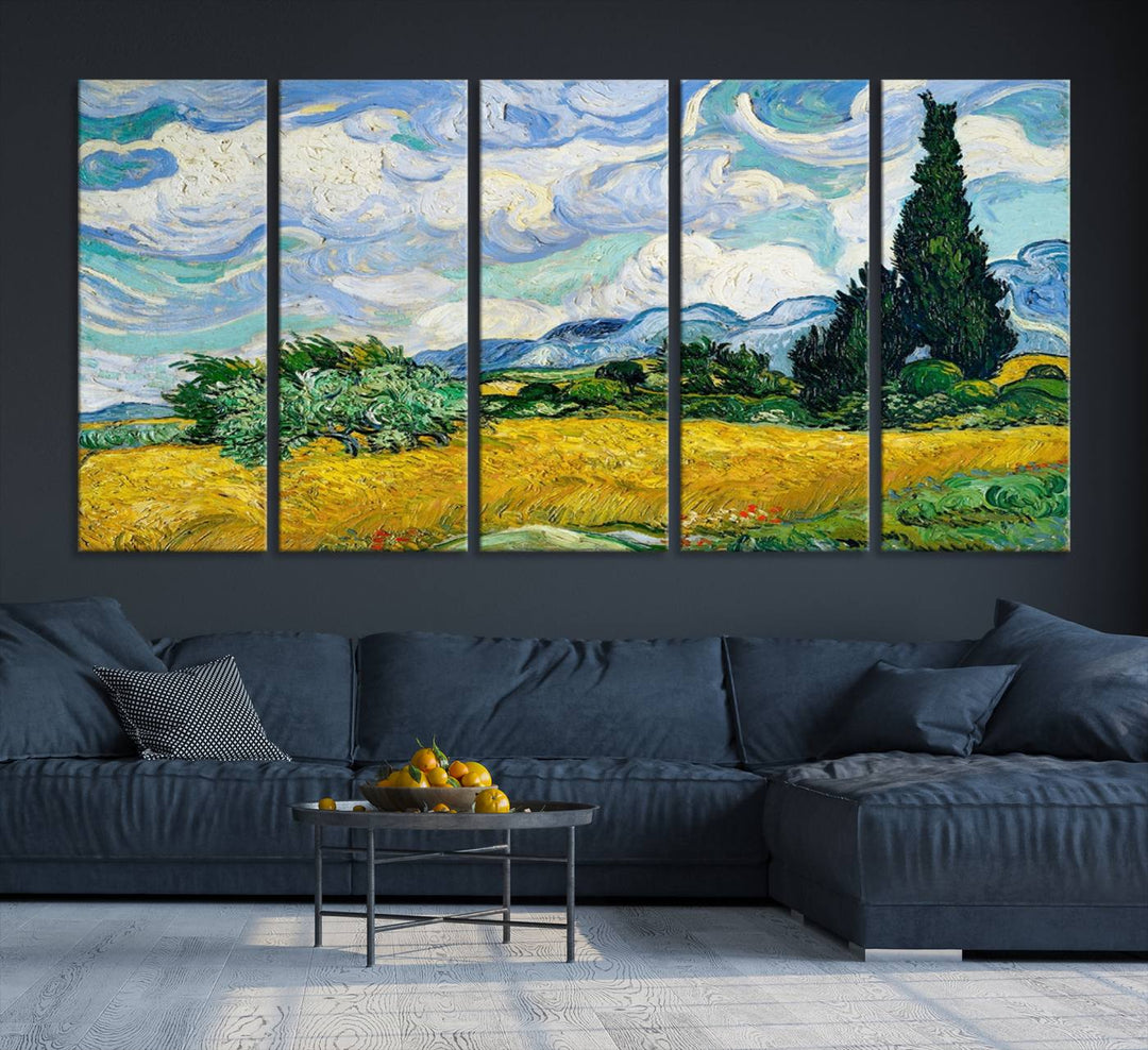 A kitchen featuring Wheatfield With Cypresses Van Gogh canvas wall art.