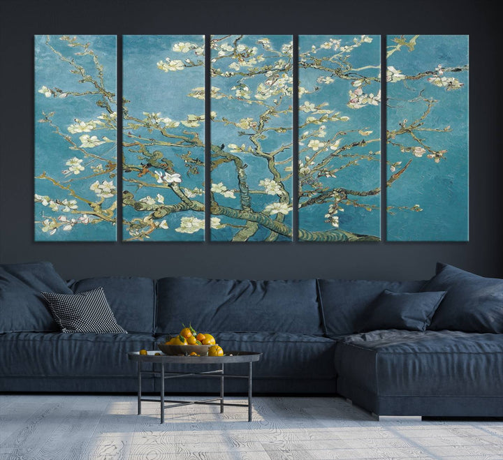 The wall art, Vincent Van Goghs Almond Blossom, stands out with its vibrant depiction against a serene blue background.