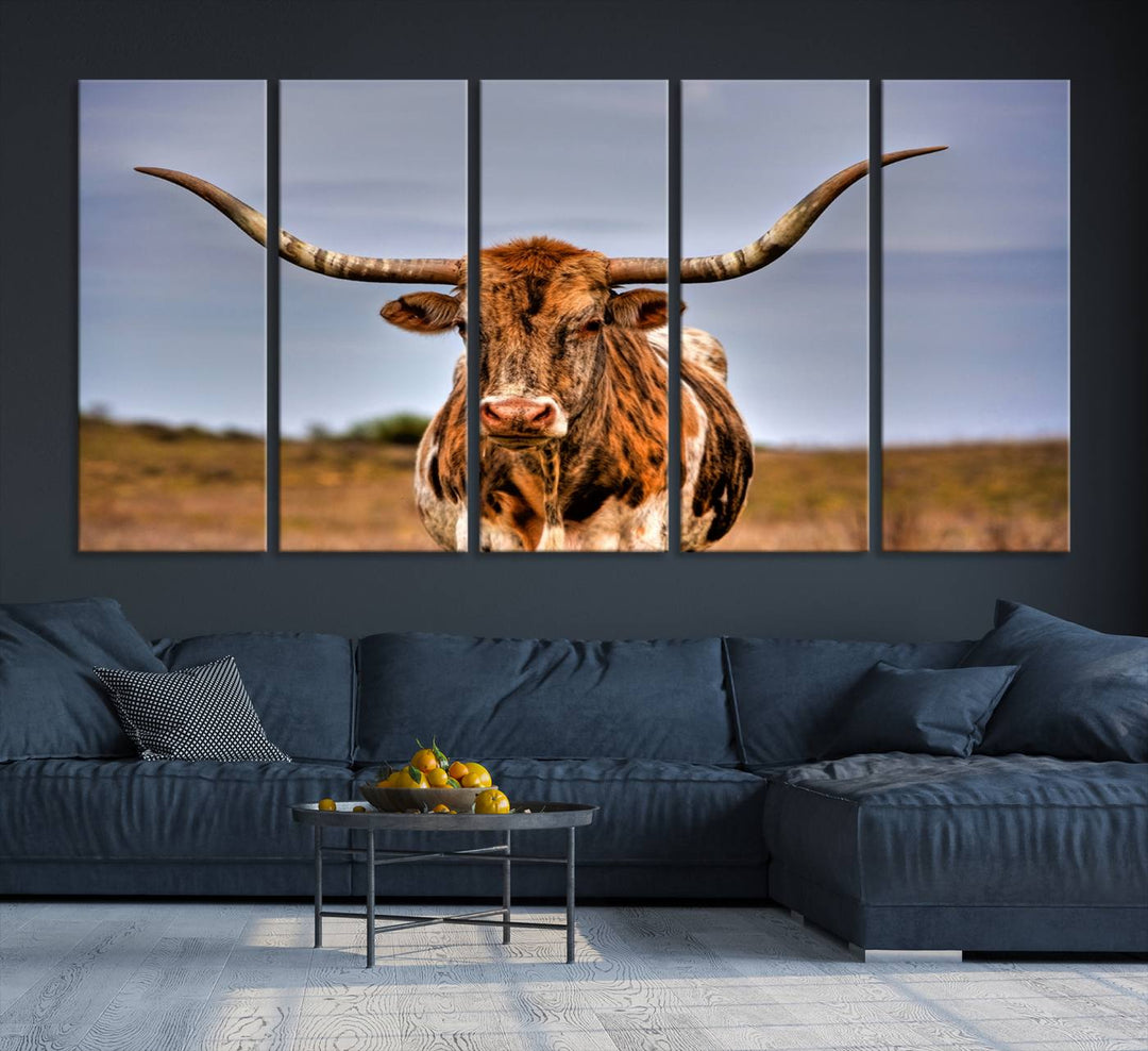 The Texas Longhorn Wall Art Print is displayed in a stylish living room.