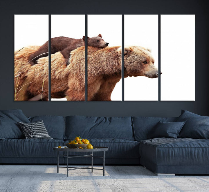 Mother and Baby Bear canvas: an adorable wildlife print displayed on a dark green wall.