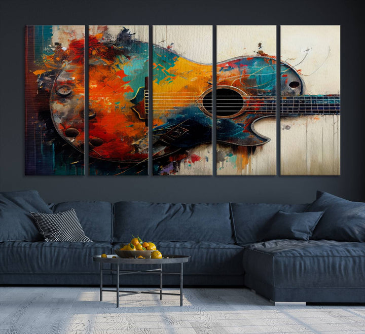 A vibrant guitar wall art canvas is mounted on the wall.