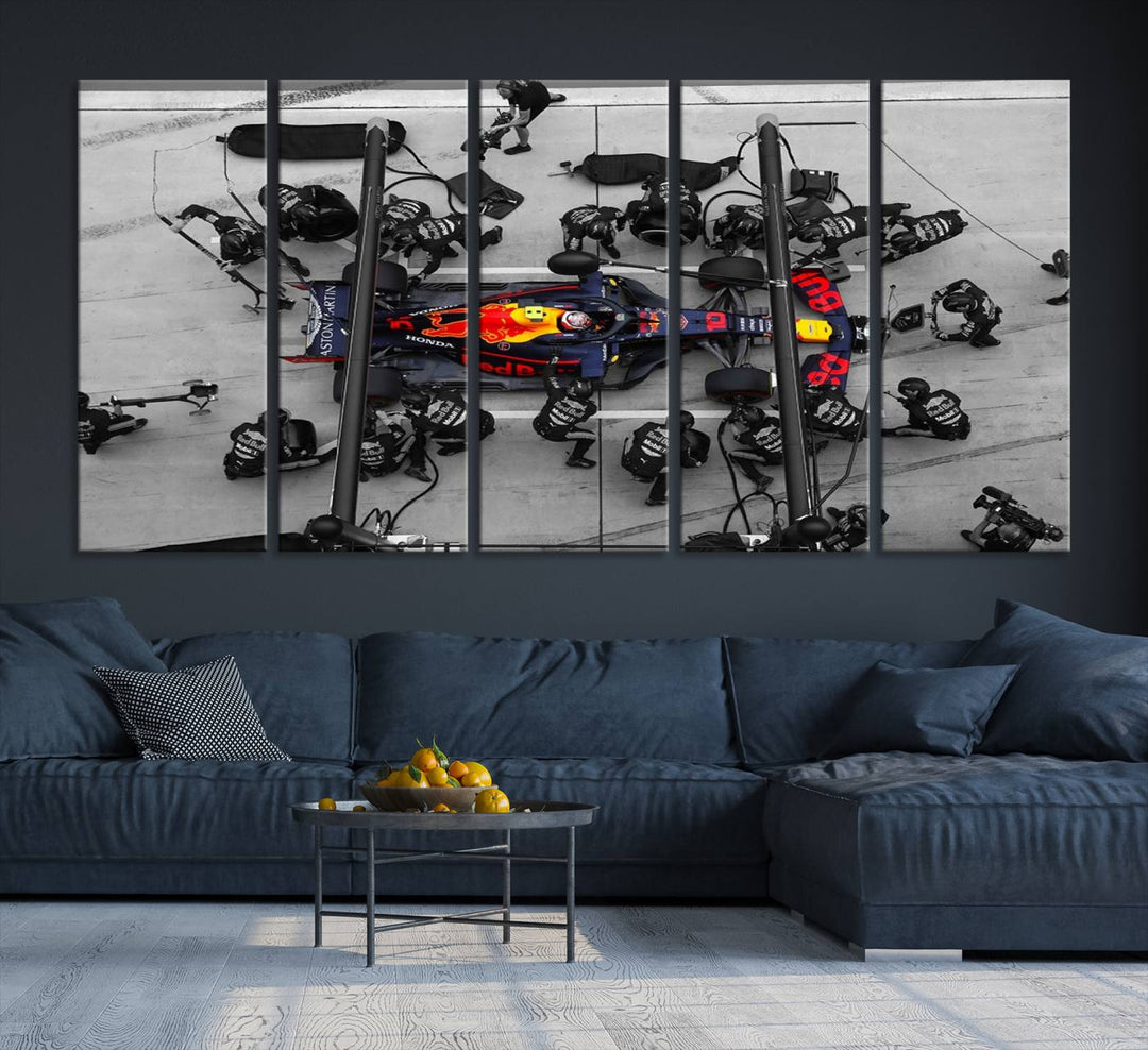 Red Bull Formula 1 Canvas Wall Art Print: An aerial view of a Formula 1 pit stop featuring a Red Bull car on premium canvas.