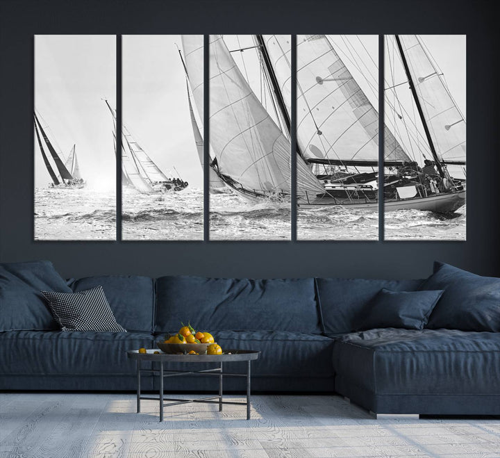 Yacht Sailboat Regatta canvas print on a textured wooden wall.