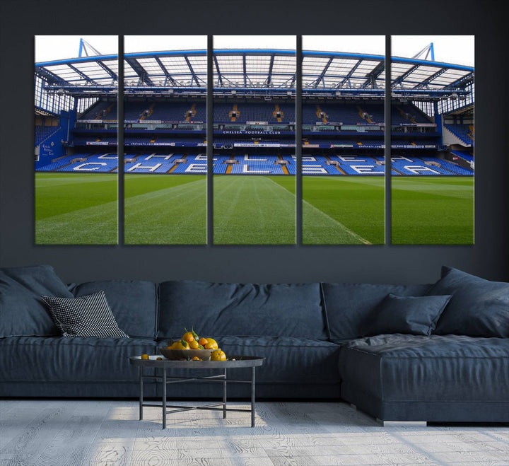 The wall art features a Chelsea FC Stamford Bridge Stadium canvas print.