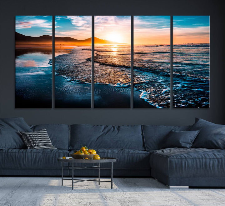 The Sunset Beach Ocean Canvas Wall Art – Tranquil Reflections at Dusk enhances the ambiance with its captivating depiction of serene ocean views at dusk.