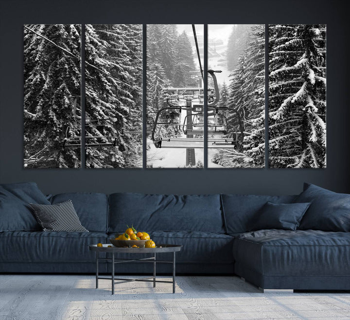 The Winter Ski Lift Canvas in minimalist style adds a unique touch to the dining room.