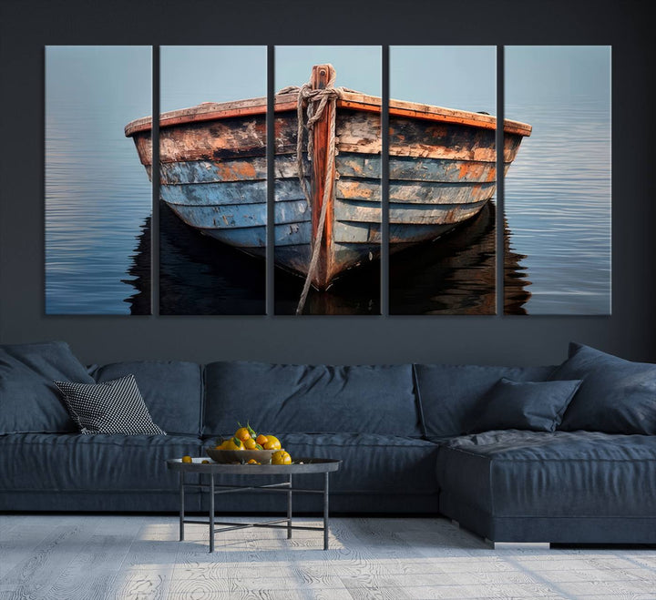 Stunning vintage boat canvas print featuring a calm water scene.