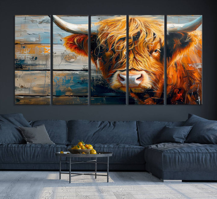 The dining room features Highland Cow Abstract Canvas Wall Art in a farmhouse rustic decor style.