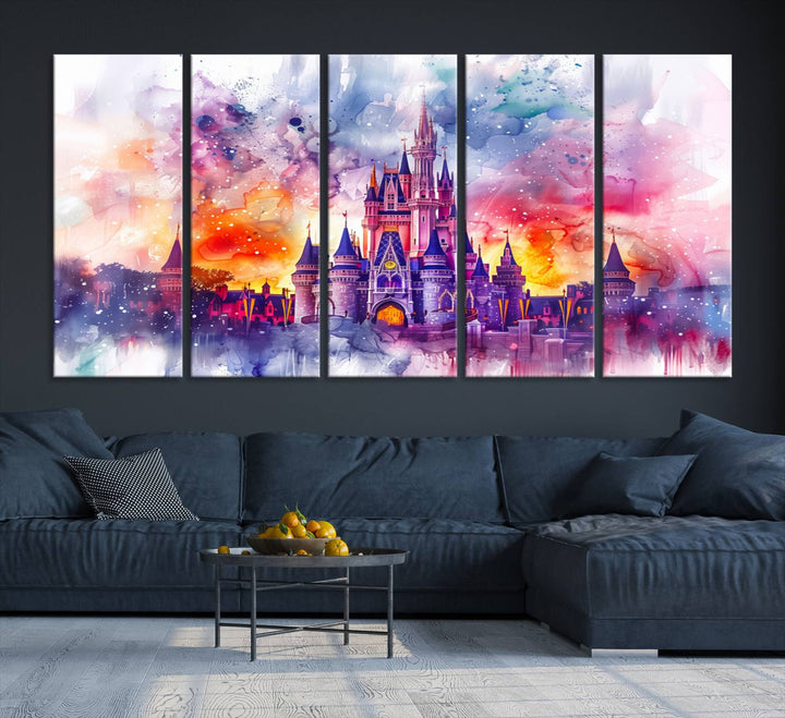 The watercolor Disney Wall Art showcases Cinderellas Castle in pink, purple, and orange hues.