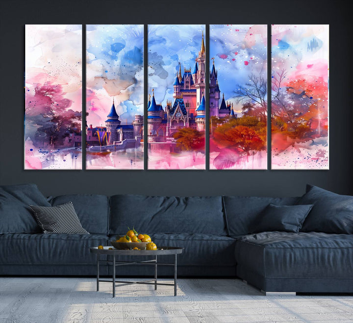 A Disney Wall Art: Dreamy Watercolor Cinderella Castle Canvas Print hangs prominently.